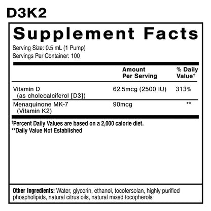 Supplement facts panel for Quicksilver Scientific D3K2