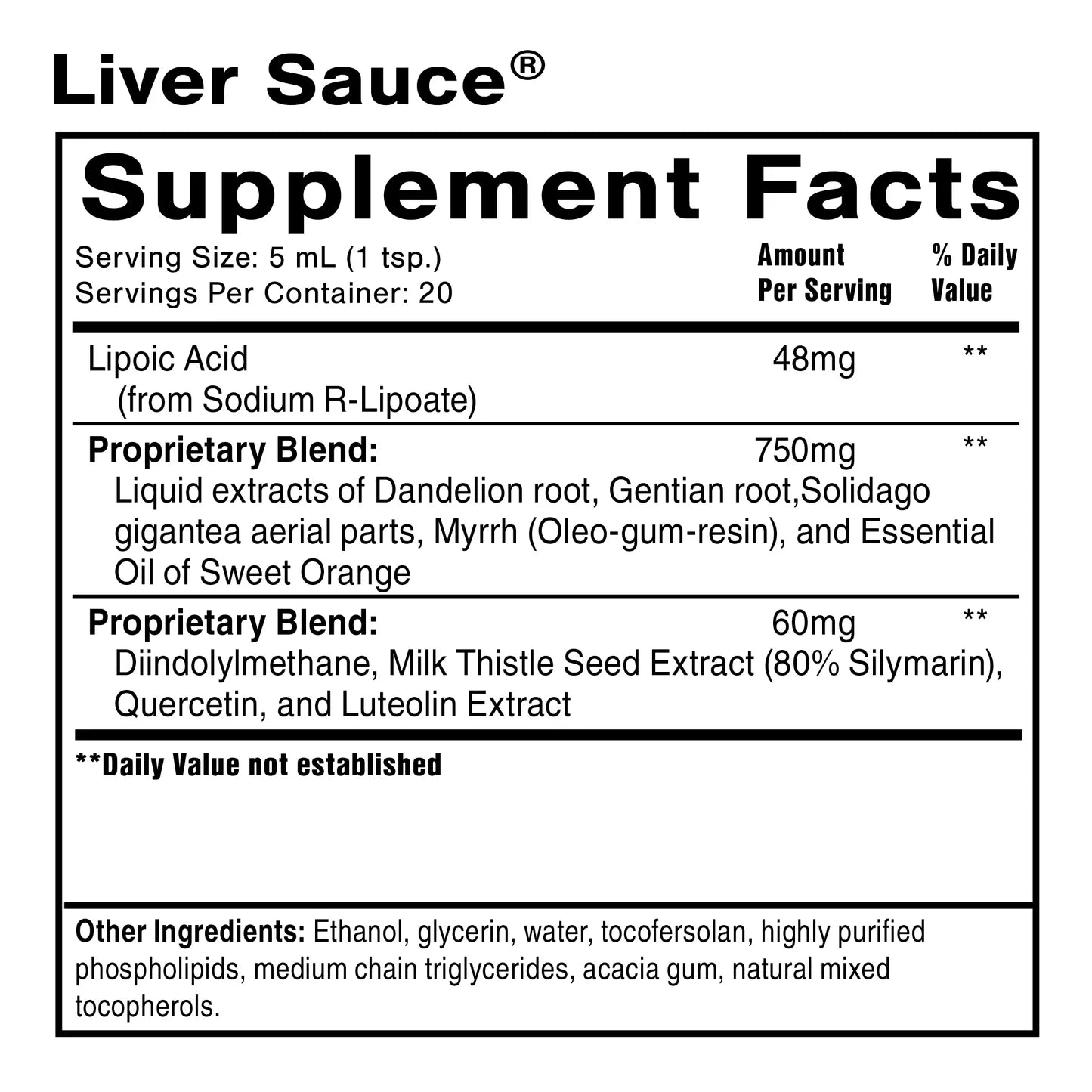 Supplement facts panel for Quicksilver Scientific Liver Sauce