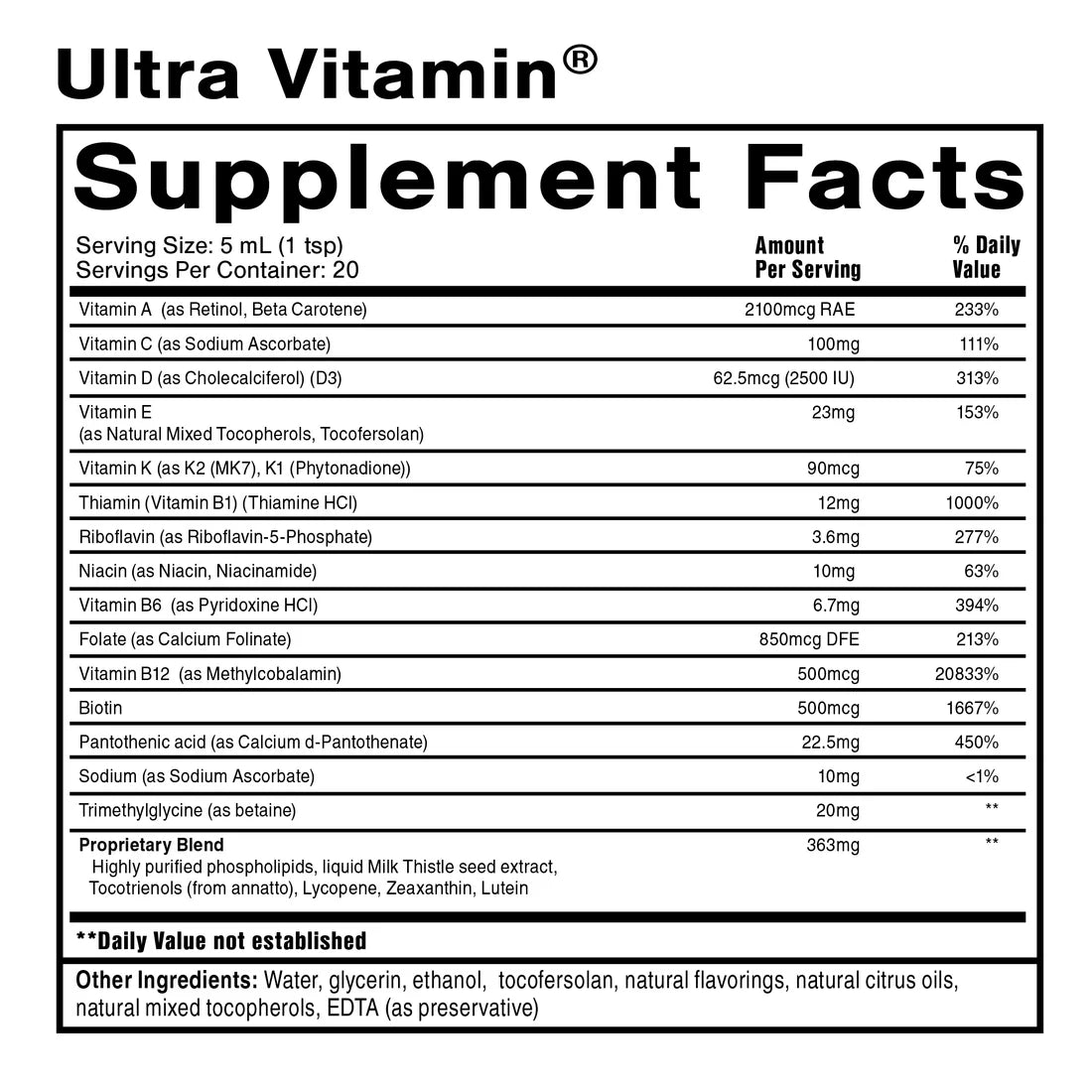 Supplement facts panel for Quicksilver Scientific Ultra Vitamin