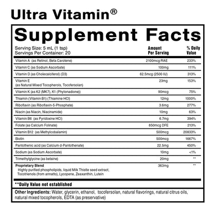 Supplement facts panel for Quicksilver Scientific Ultra Vitamin
