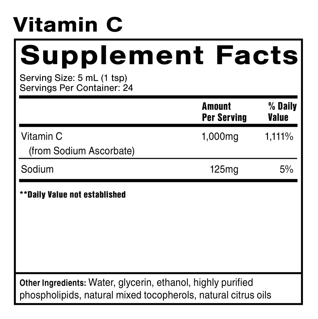 Supplement facts panel for Quicksilver Scientific Vitamin C